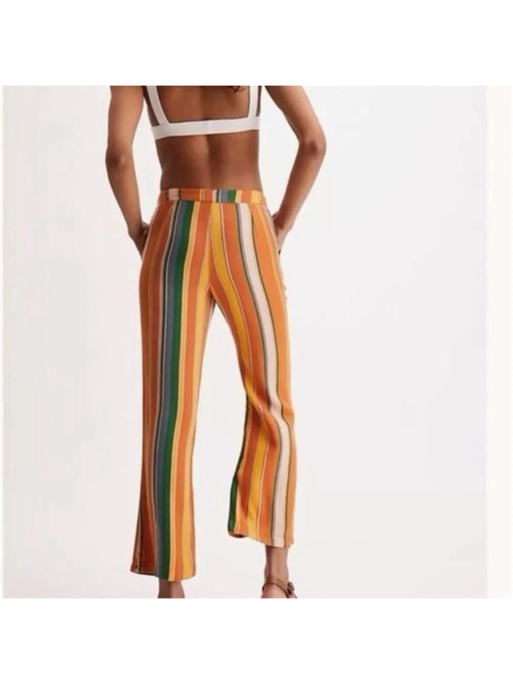 NEW Free People La Paz Organic Cotton Orange Stripe Crop Pants Boho Retro Sz 0